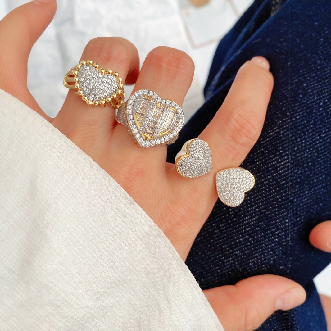 新款时尚个性设计铜微镶锆石双头爱心开口戒指高保色小众百搭指环