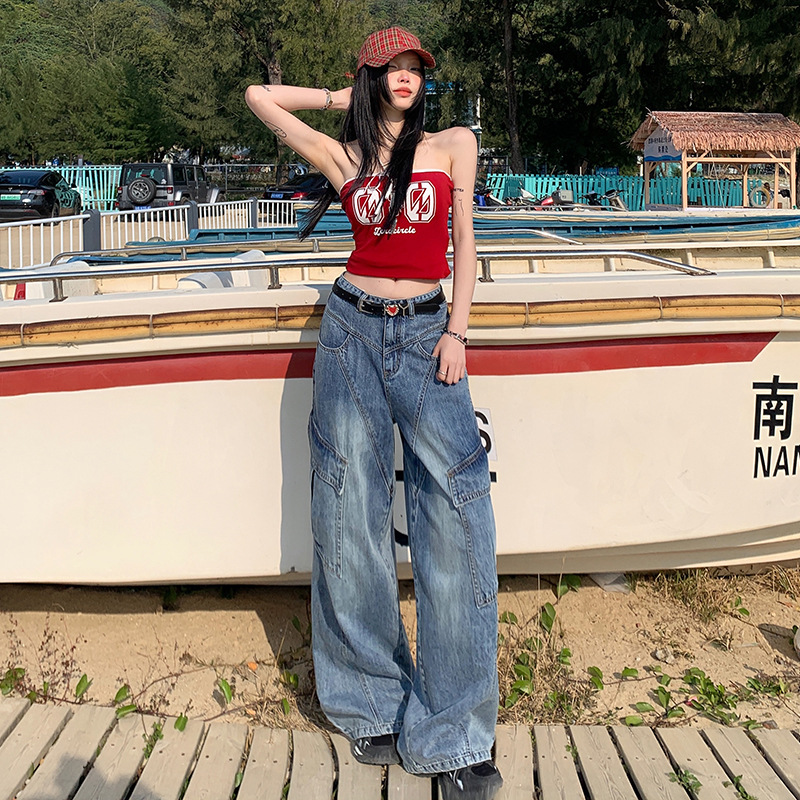 牛仔裤/带钻牛仔裤/牛仔裤阔腿/库存/牛仔短裤女产品图