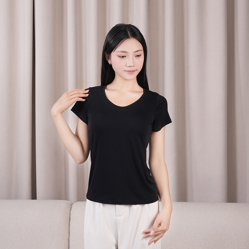 带胸垫短袖女莫代尔带胸垫打底衫女春夏款一体睡衣五指半袖女装