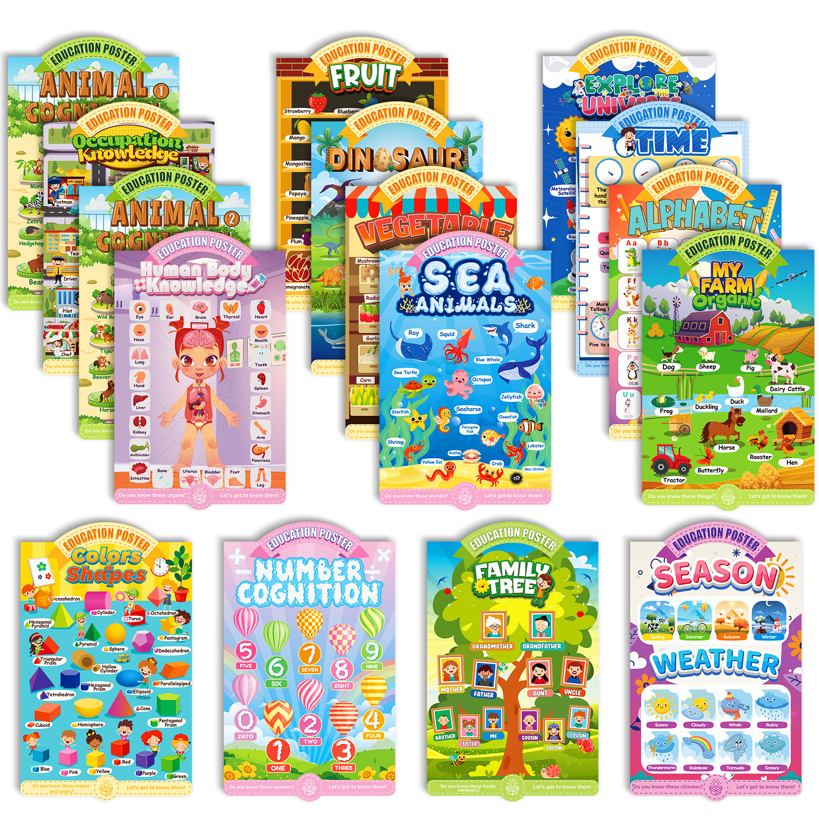 【一口价】16张教育海报儿童早教卡通装饰画启蒙英语挂图幼儿识字