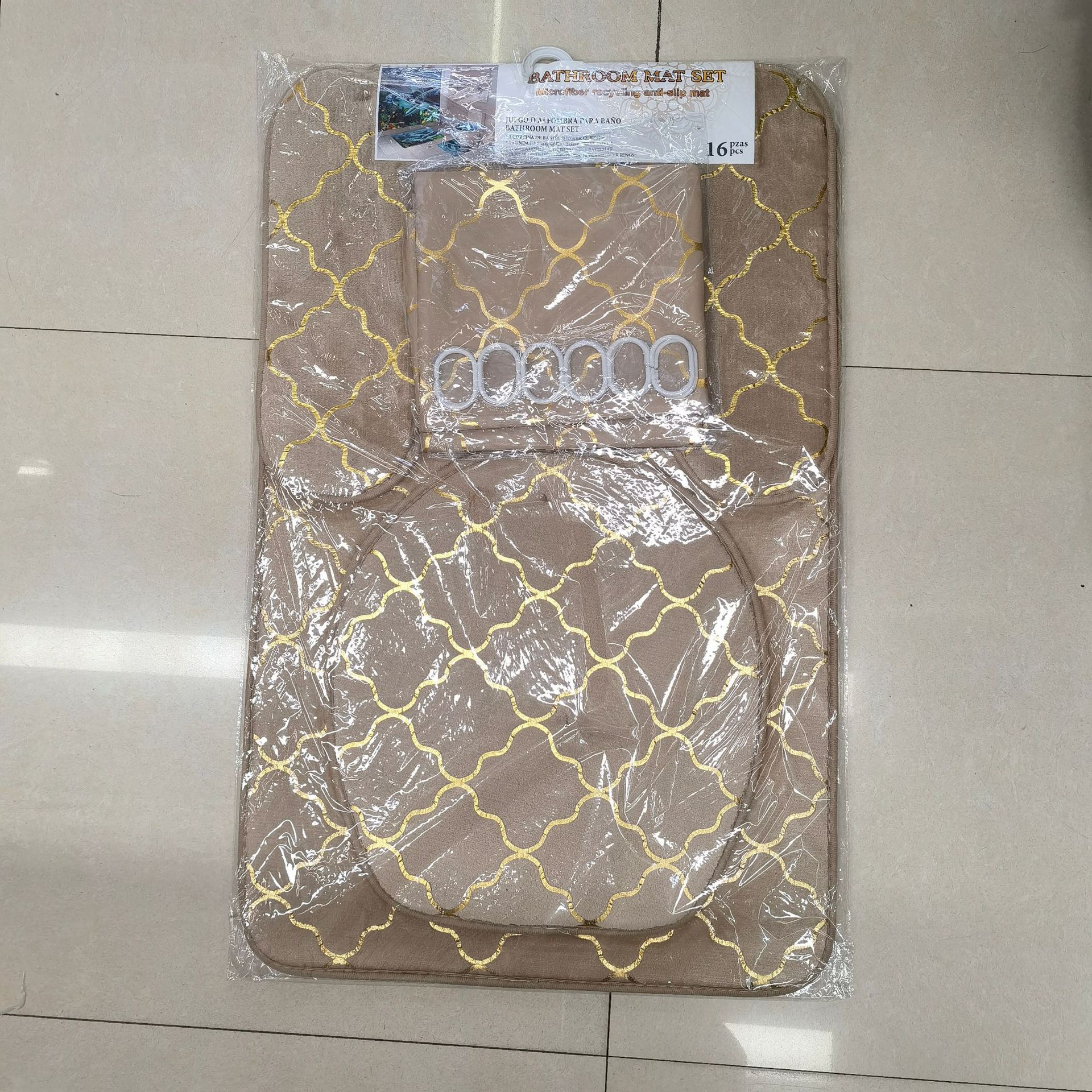 法兰绒烫金印花卫生间浴室马桶盖浴帘两件套三件套四件套海绵地垫细节图