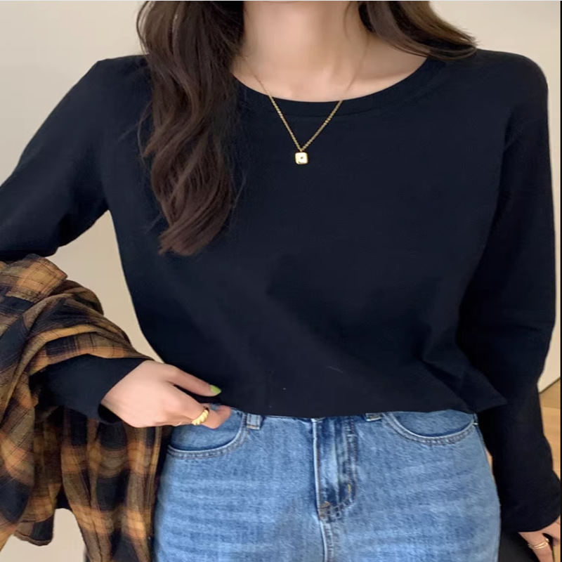 正肩长袖T恤女2025年新款春秋冬季内搭纯棉宽松白色打底衫女上衣产品图