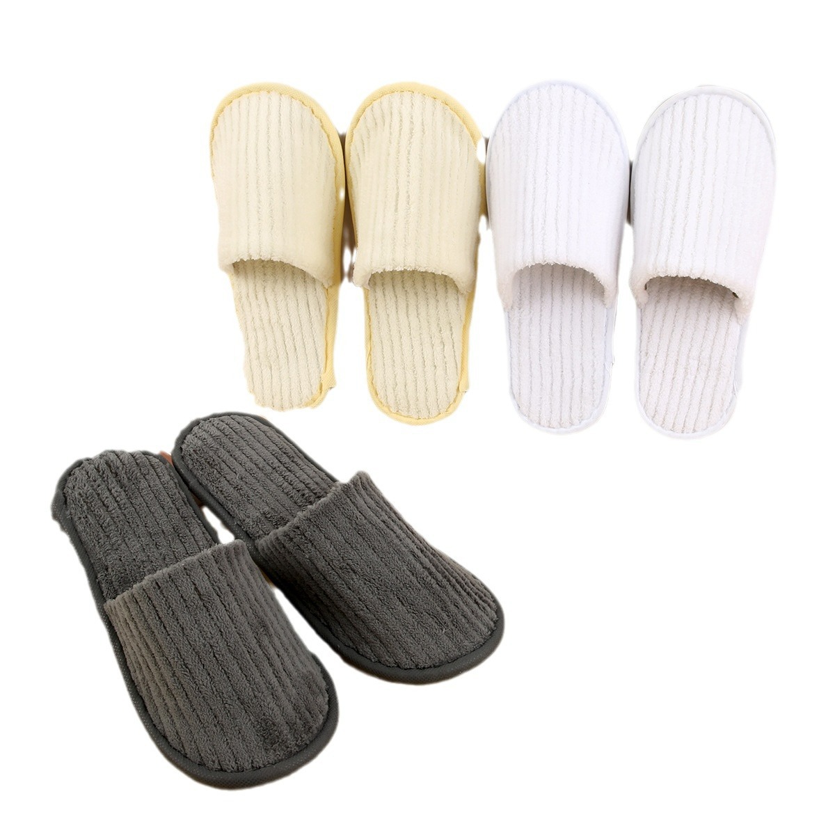 Hotel supplies: Disposable slippers for hotels, striped coral fleece edge, anti-slip for guests, home, hotel, homestay, club Item Picture