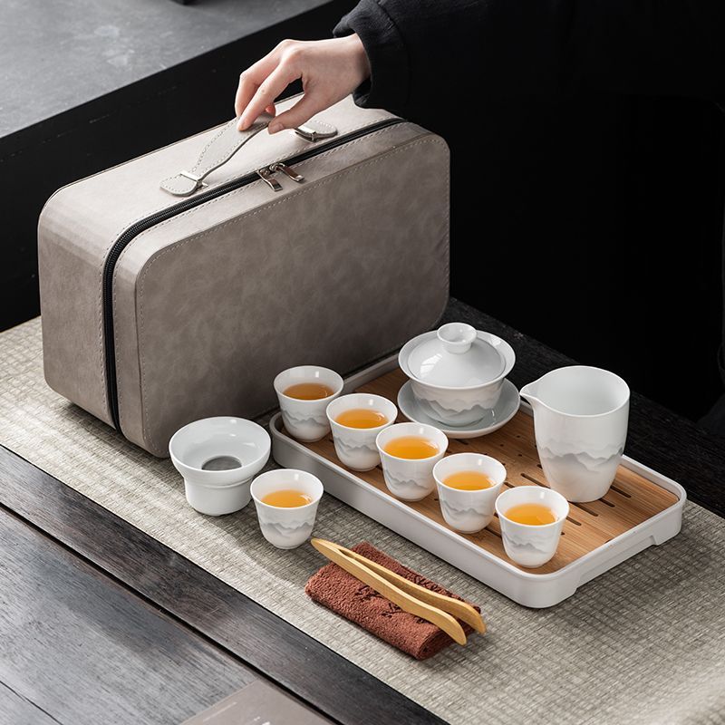 "Jadeite travel tea set, outdoor convenient white porcelain Gongfu tea art supplies, company business souvenirs. details Picture