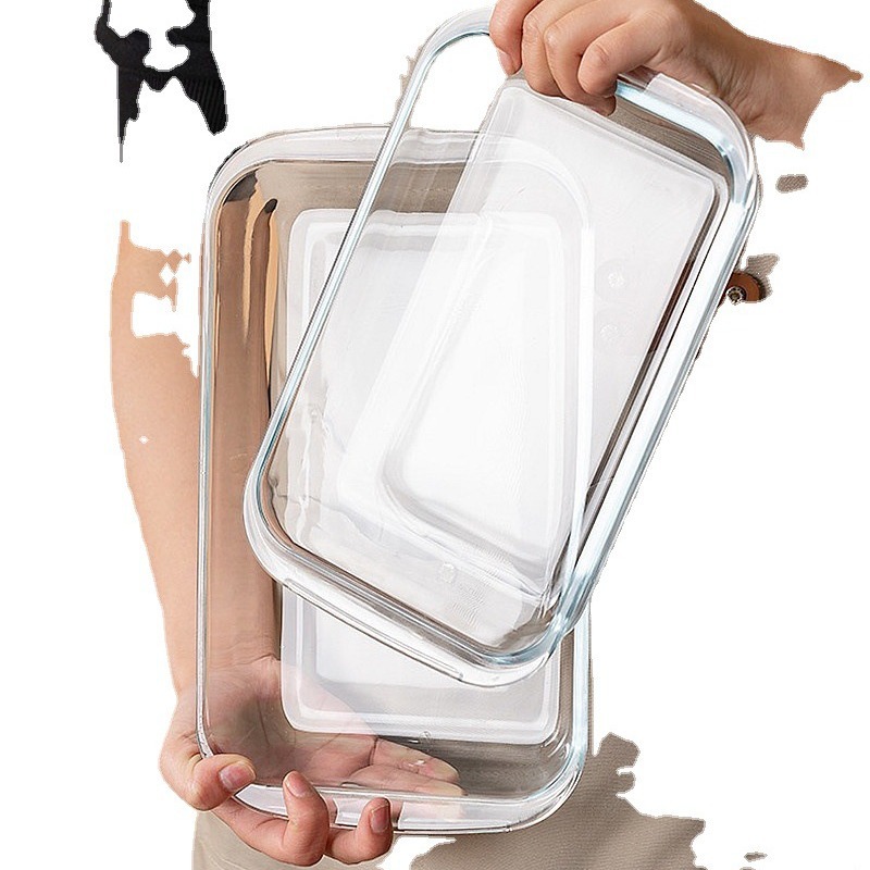 Wholesale of three-piece rectangular heat-resistant glass baking trays with LIDS for home kitchen steaming and roasting fish plates and tableware Item Picture