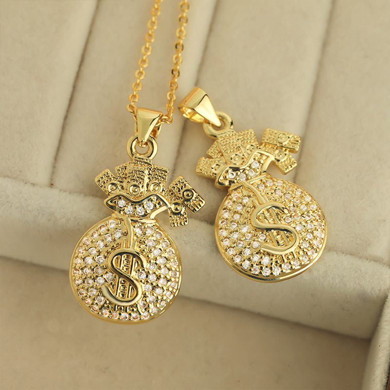 Wholesale of new 2024 zircon lucky New Year money bag copper-plated necklace, non-fading, design sense collarbone chain Specification drawing
