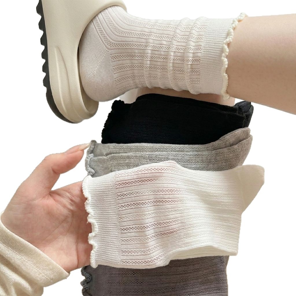 Summer thin socks for women, solid color perforated mesh mid-calf socks, white anti-odor breathable lace pile socks for girls Item Picture