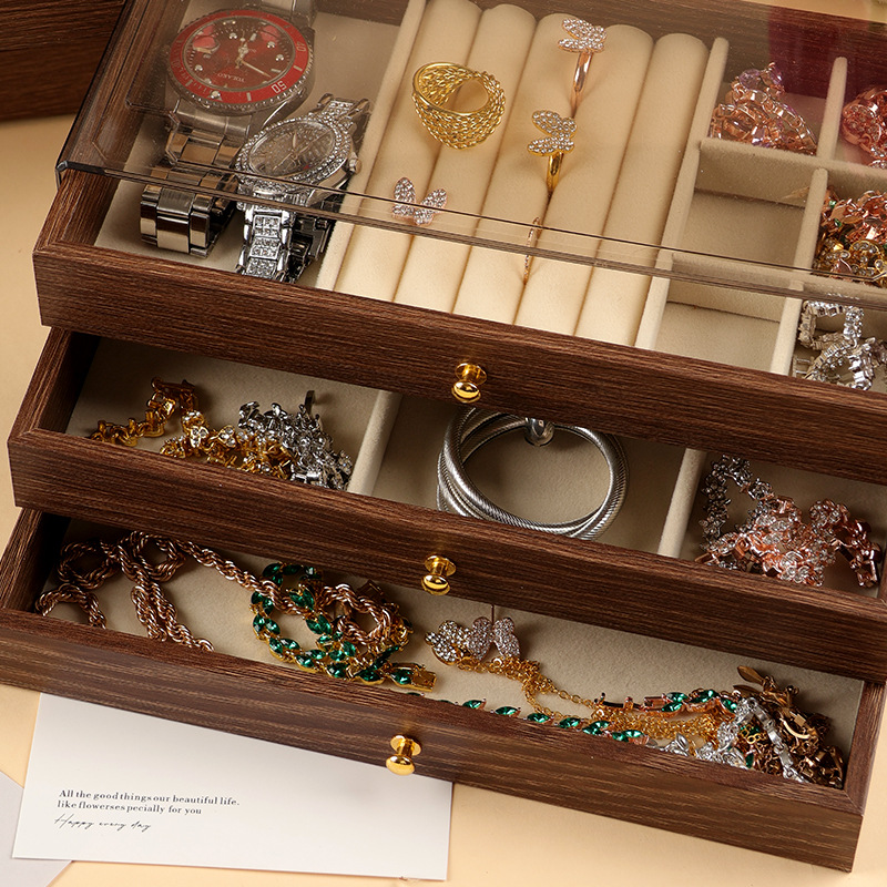 Walnut wood storage box, wood grain jewelry box, earrings, rings, necklaces, bracelets, desktop large-capacity multi-layer wooden storage box Application Scenario