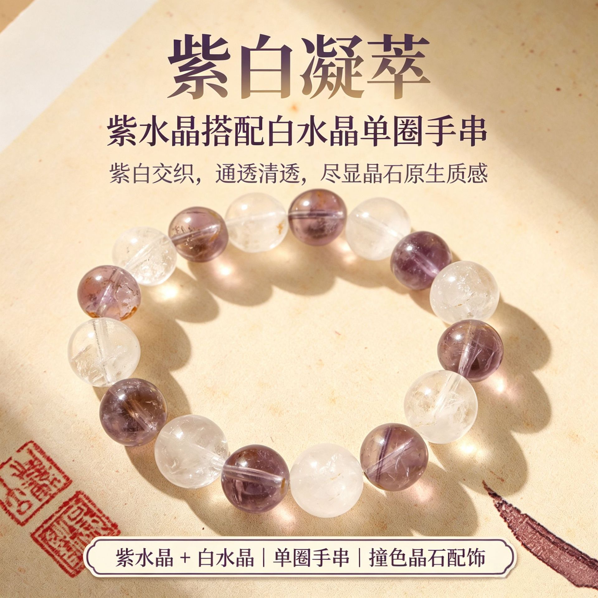 Wholesale of natural crystal bracelets, Bolivian amethyst and white crystal color-blocking single-loop bracelets, cultural and artistic women's accessories