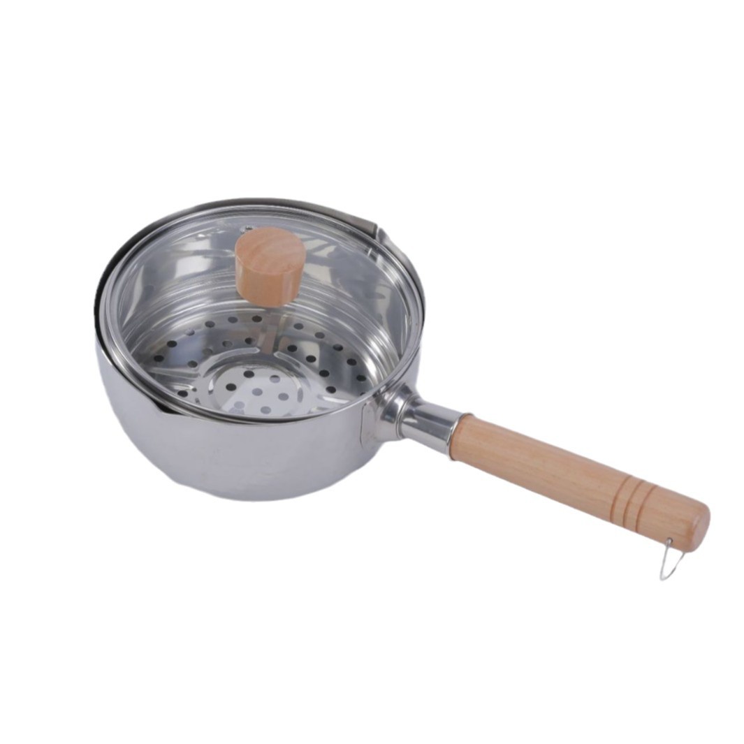 Manufacturer's in-stock 304 type snow flat pot with hammer texture, wooden handle pot, thickened baby food pot, milk pot, home dormitory with steaming grid soup Item Picture