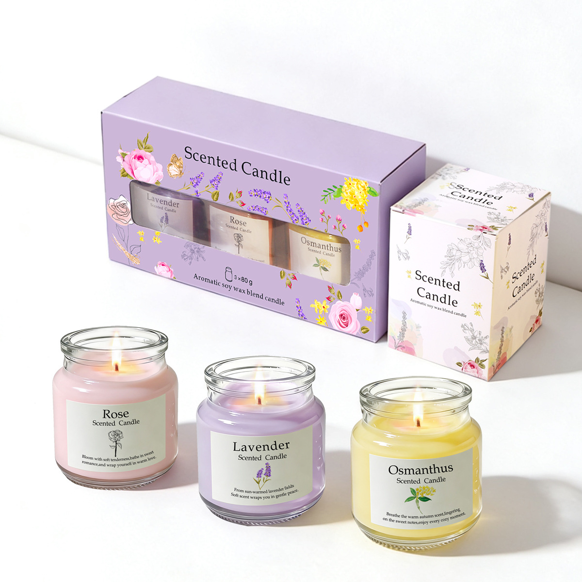 三款香薰蜡烛玫瑰薰衣草桂花玻璃瓶紫色礼盒手工烛台亚克力镜
