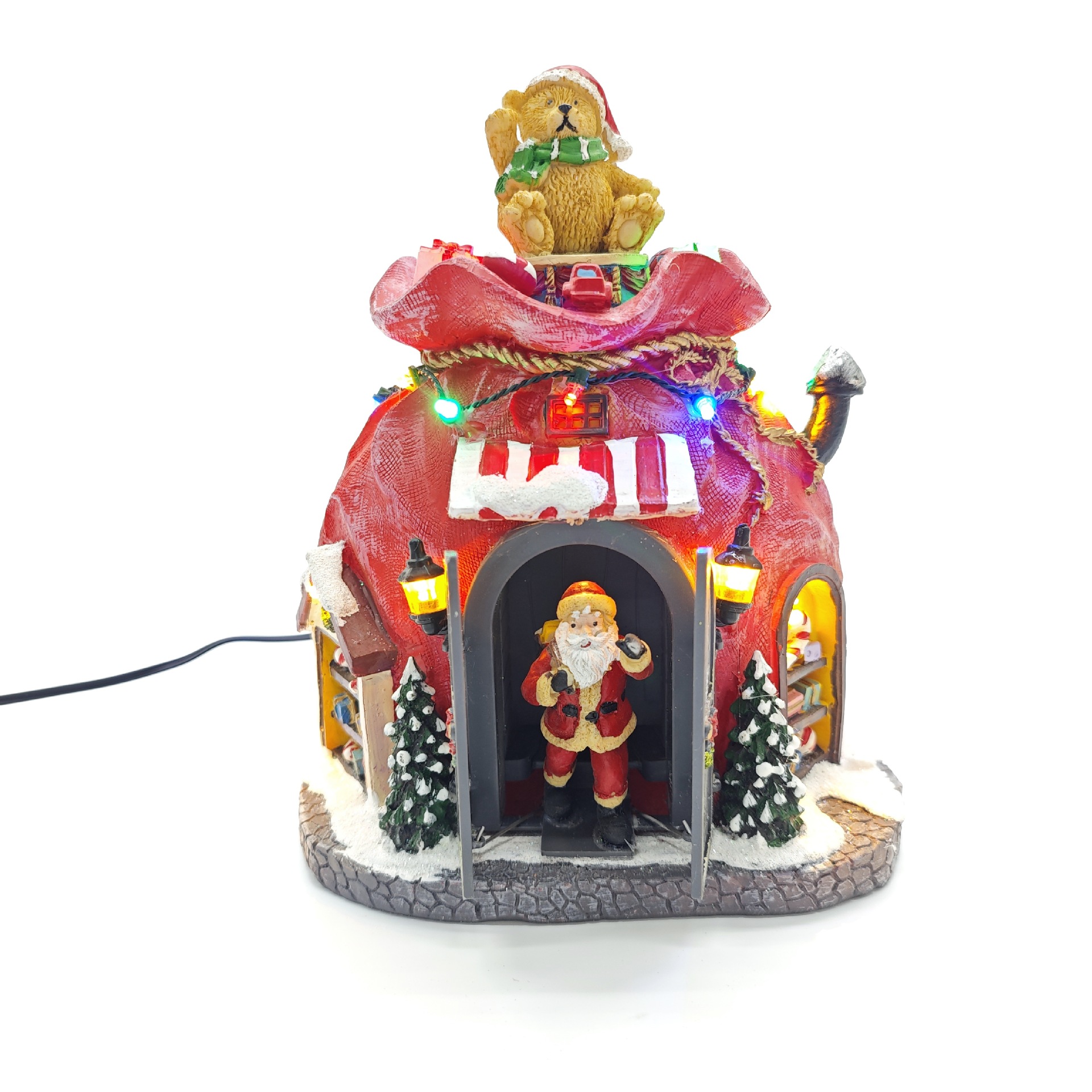 跨境圣诞节礼品发光摆件音乐盒圣诞老人小熊屋场景开关门树脂彩灯