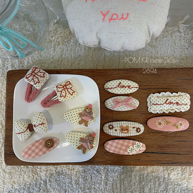 New Korean-style pink embroidered polka dot hair clip fabric children's side broken bangs clip Bye clip hair accessory for women