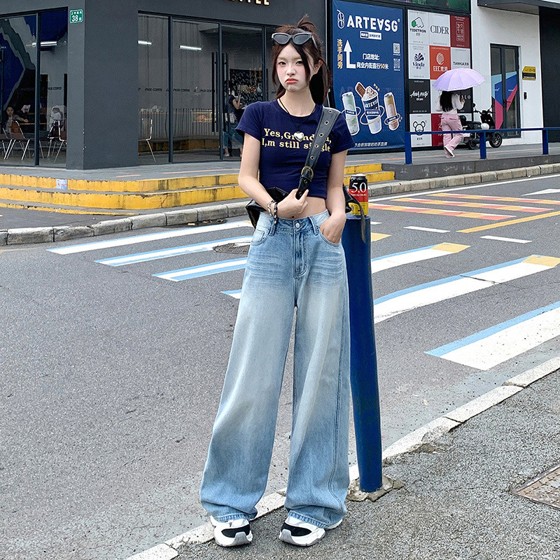 浅蓝色牛仔裤女水洗复古直筒裤女夏季设计感阔腿裤长裤宽松拖地裤