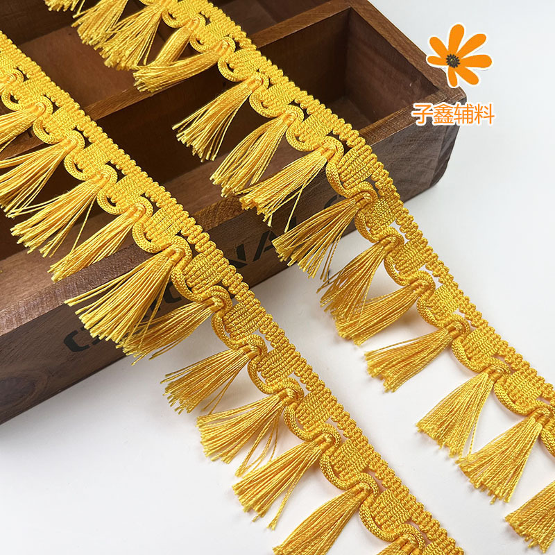 外贸跨境金色流苏花边涤纶排须穗子拉直家纺辅料工艺品装饰边批发