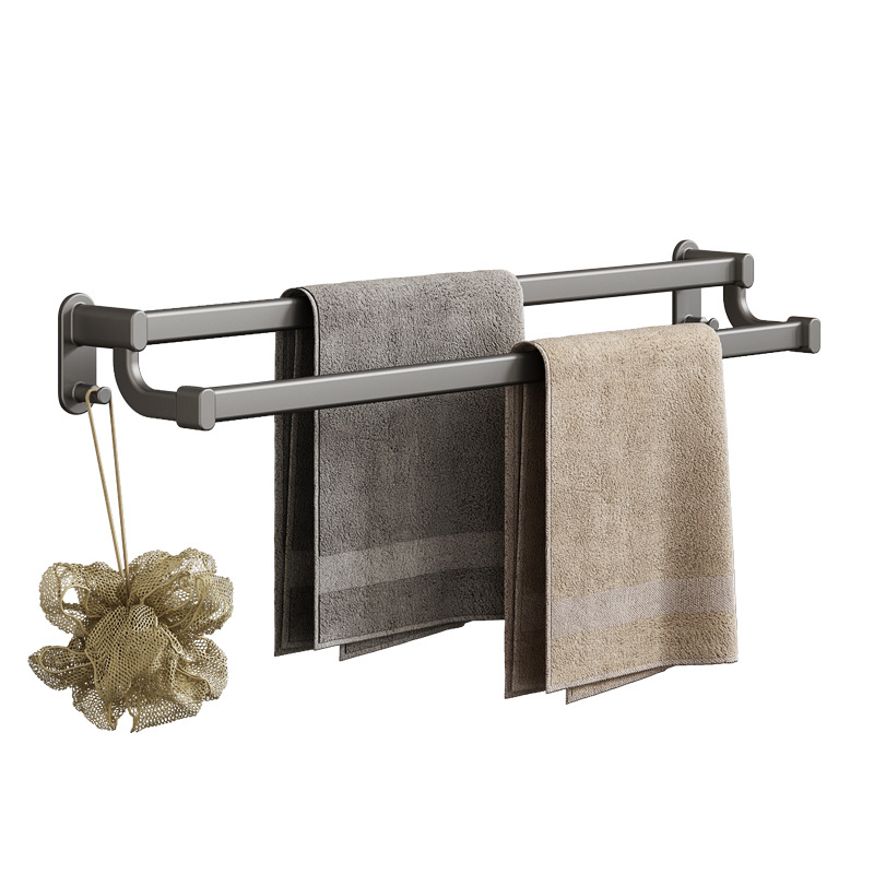 枪灰双杆毛巾架免打孔卫生间毛巾杆浴室置物架太空铝轻奢浴巾架子详情图5