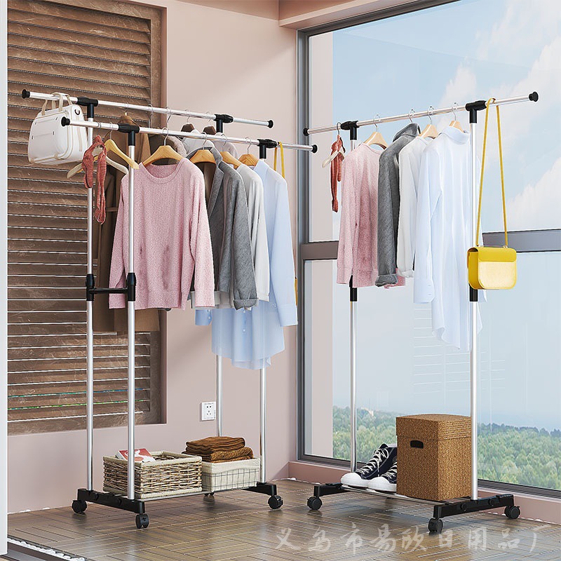 Single and double bar clothes drying poles, floor-standing multi-functional steel pipe simple drying racks for small-sized family bedroom balconies with wheels Application Scenario
