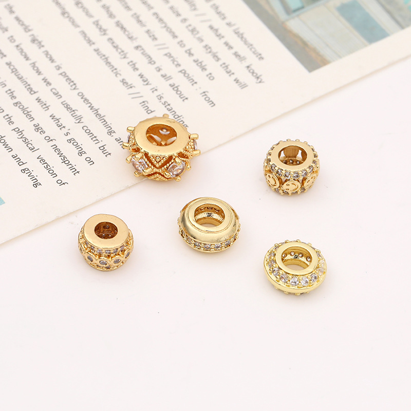 Simple gold micro-inlaid zircon wheel large-hole spacer beads diy bracelet bracelet beads gasket jewelry accessories wholesale