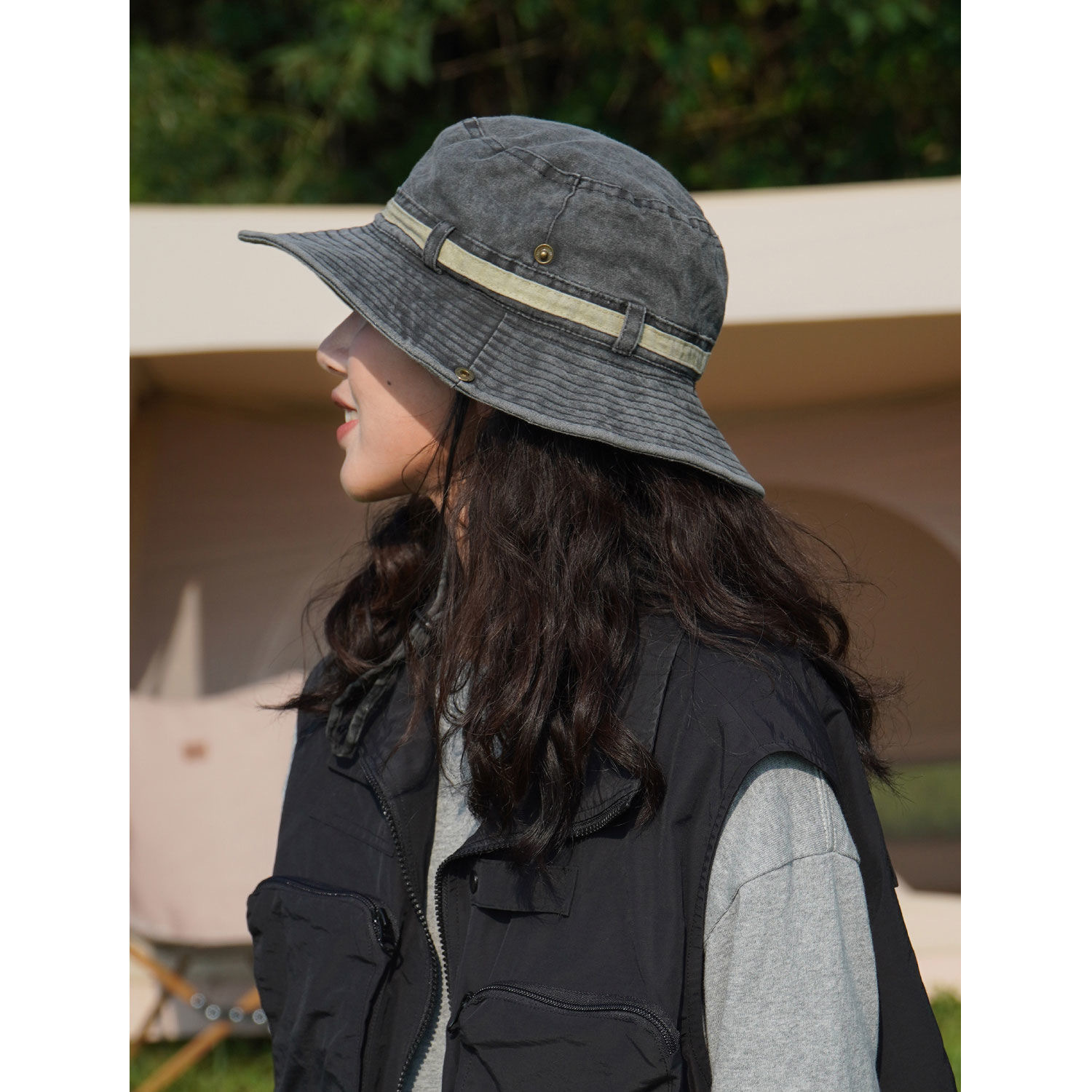 西部牛仔帽百搭出行遮阳防晒帽子大帽檐抽绳登山帽复古水洗渔夫帽产品图