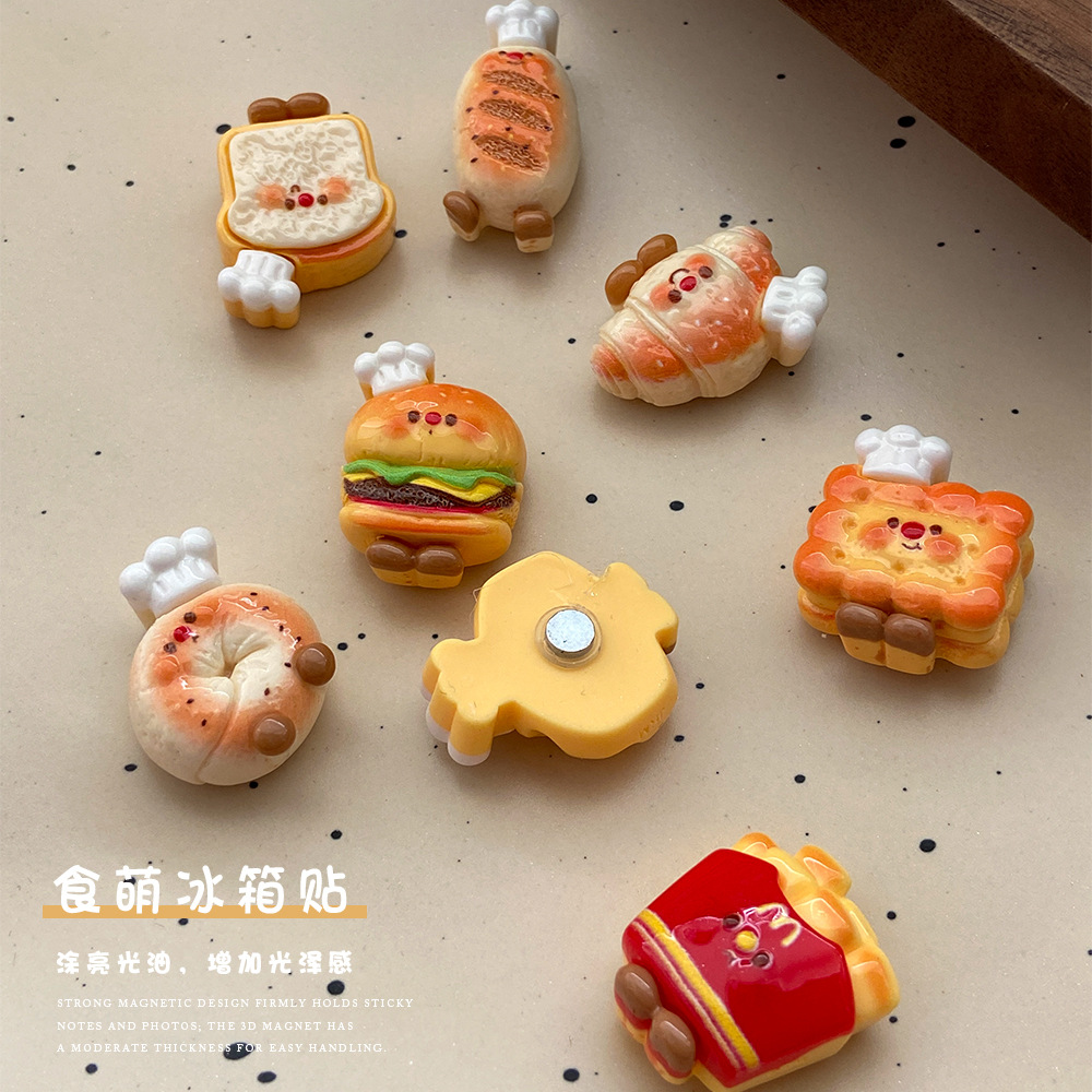 Cartoon 3D fridge magnets, hamburgers, trendy French fries, chef hats, food toys, creative magnetic diy food cuties, fridge magnet decorations wholesale Application Scenario
