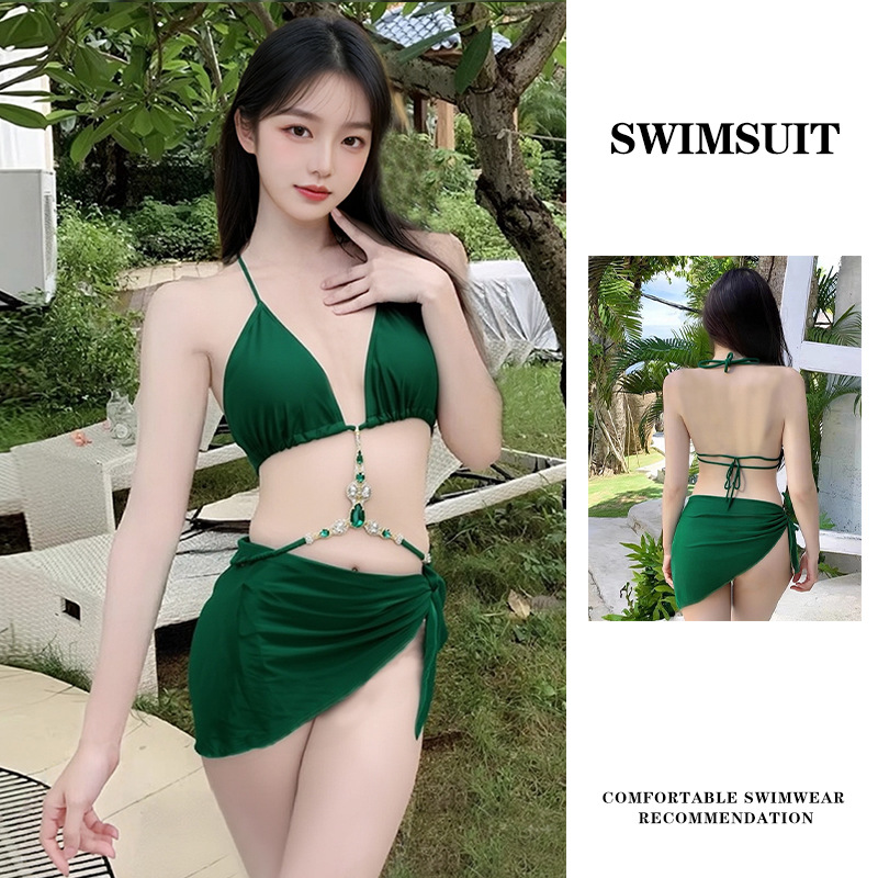 百雅泳衣女2025新款绑带露腰显瘦裹裙三件套比基尼温泉度假泳装批发-125107