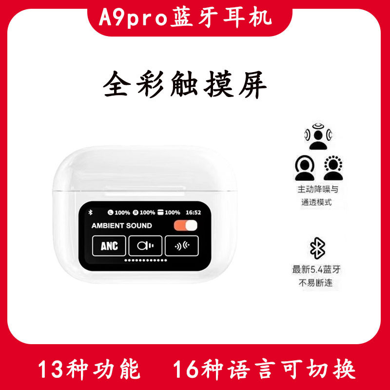 Cross-border A9pro In-ear color Screen Bluetooth Headphones, multi-functional touch screen, ANC+ENC noise-cancelling smart headphones