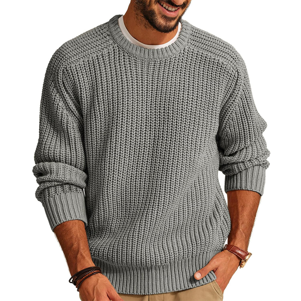 New men's solid-color long-sleeved round-neck fashionable sweater and loose American retro knitted sweater from Amazon cross-border in Europe and America Specification drawing
