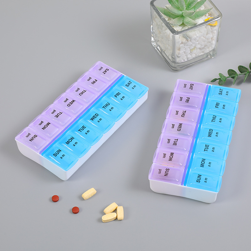 双排分装随身小药盒七天一周便携大容量药盒14格开盖药品收纳盒