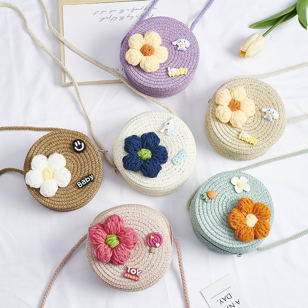Cross-Border Straw Weaving Bags Spring And Summer New Products: Children's Straw Weaving Small Bags, Baby Crossbody Small Round Bags, Cute Straw Weaving Girls' Mini Crossbody Bags, Handmade Straw Weaving Bags full figure