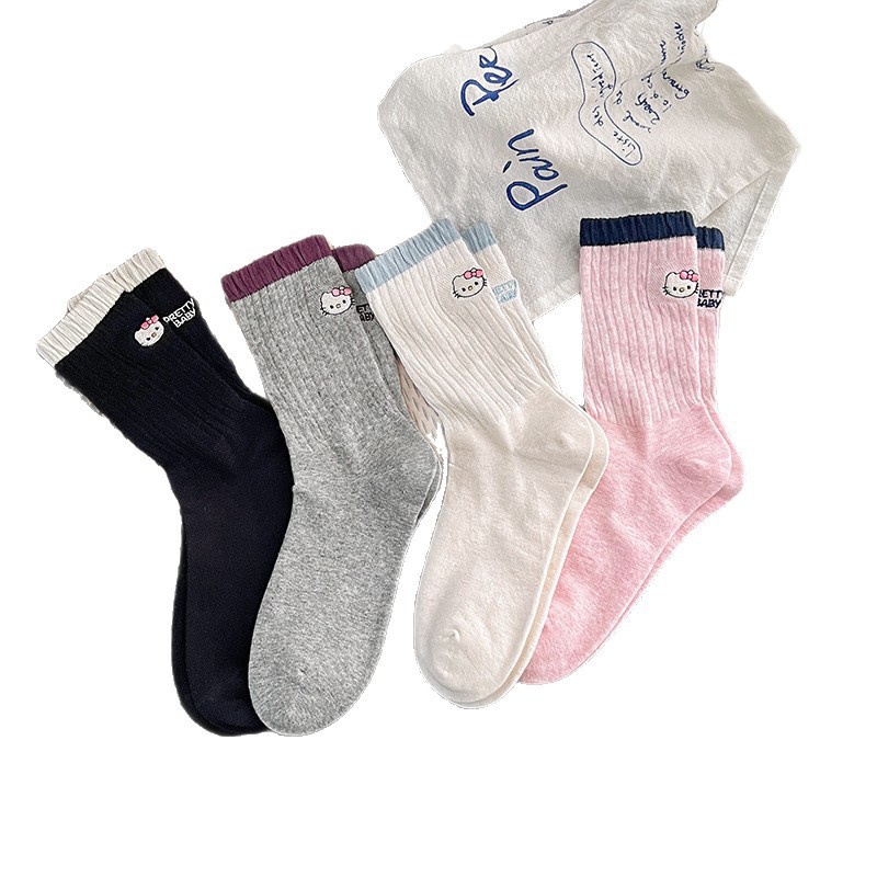 Korean KT cat socks for women, Japanese cartoon AB embroidery contrasting color cat letter mid-calf socks, niche and sweet pile socks Item Picture