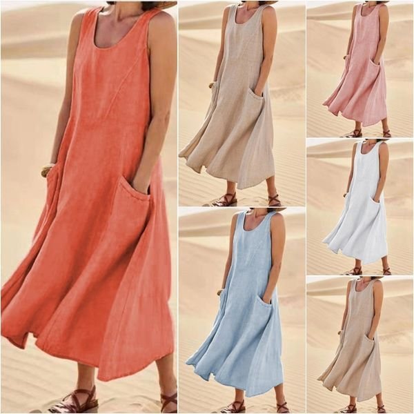Amazon Independent Store wish2026 Summer European and American foreign trade pocket sleeveless round neck women's cotton and linen dress full figure