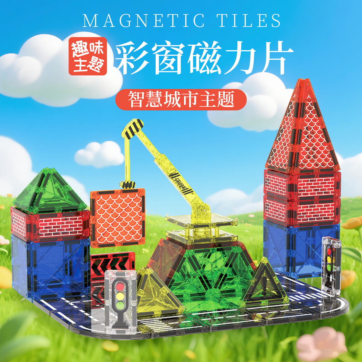 跨境大号7.5磁力片彩窗积木工程车队套装益智强磁性早教拼接玩具