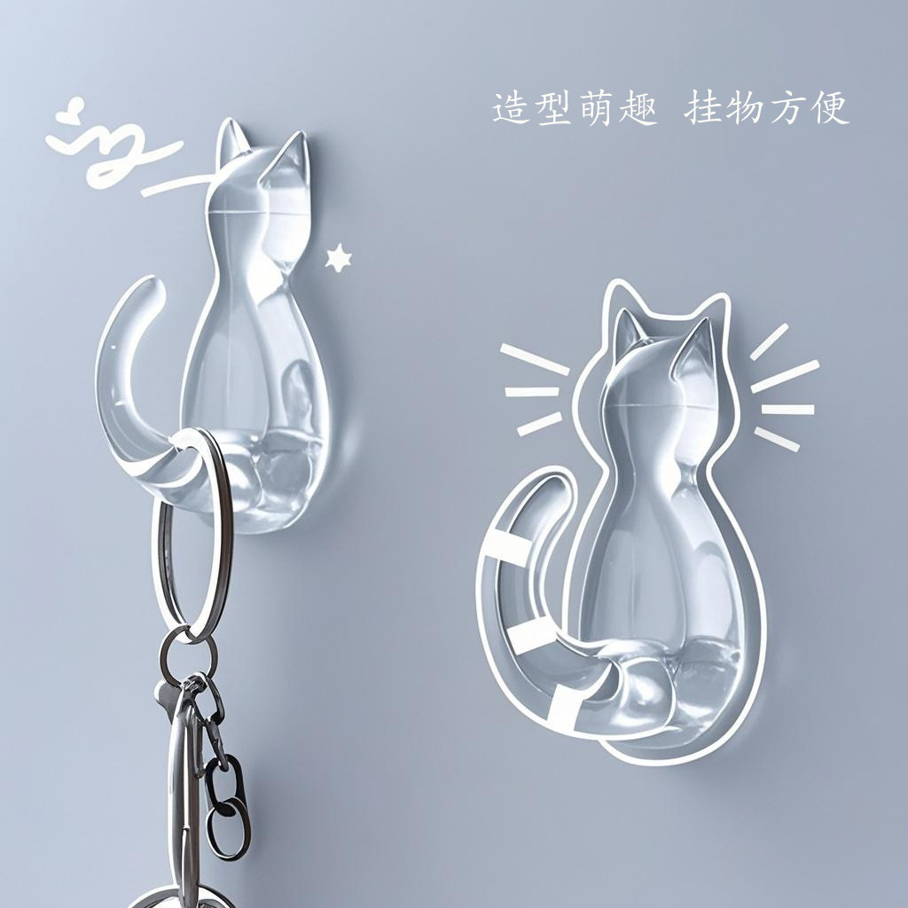 塑料猫咪可爱日式粘钩免打孔强力胶挂钩墙壁粘门后衣帽无痕衣架