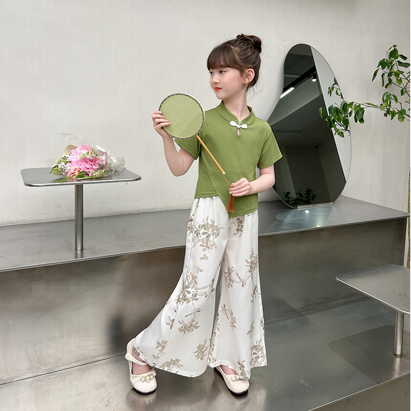 Girls' Chinese-style short-sleeved T-shirt, wide-leg pants, summer style with buttons, new Chinese-style Chinese-style set, thin and breathable for children Application Scenario