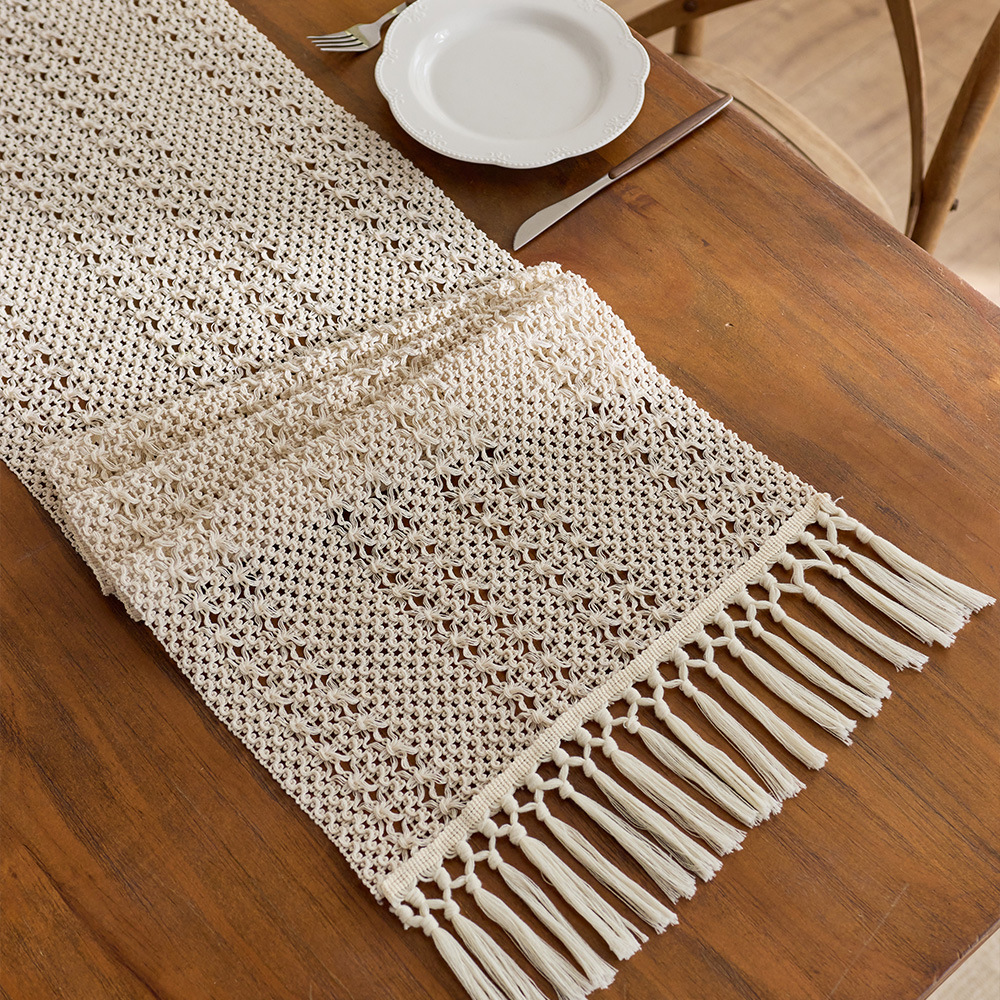 奶油风米字纹桌旗流苏镂空编织美式乡村农舍派对餐桌茶几装饰桌布