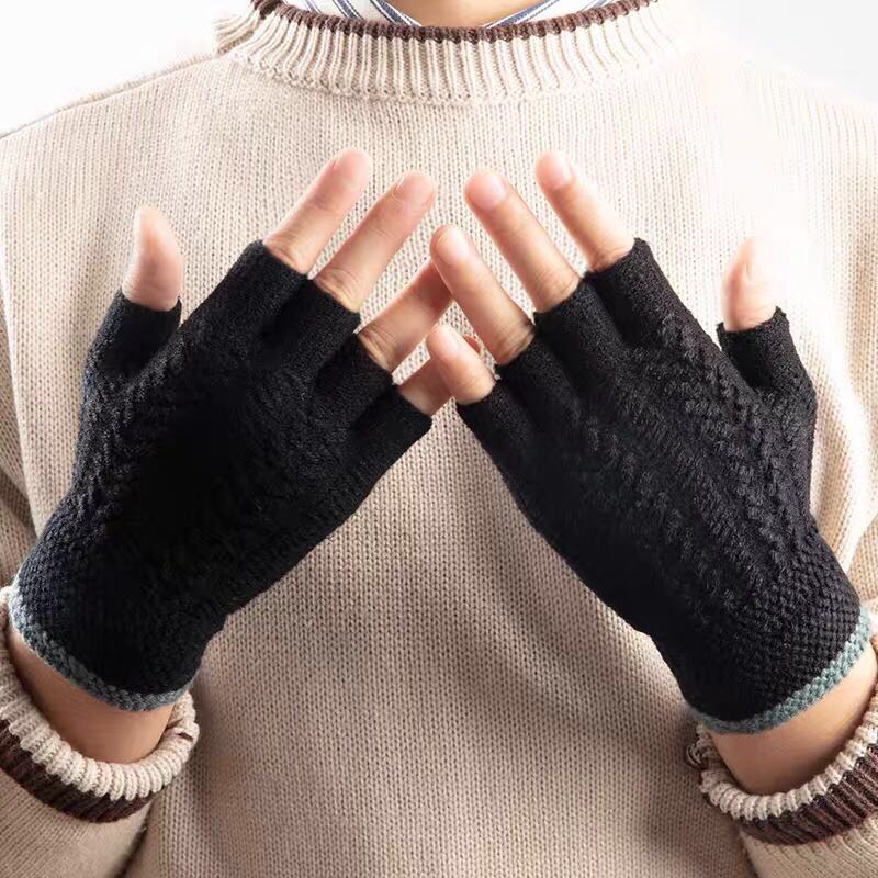 针织毛线学生写字露指手套女冬天五指秋冬季韩版男士半指弹力保暖黑色