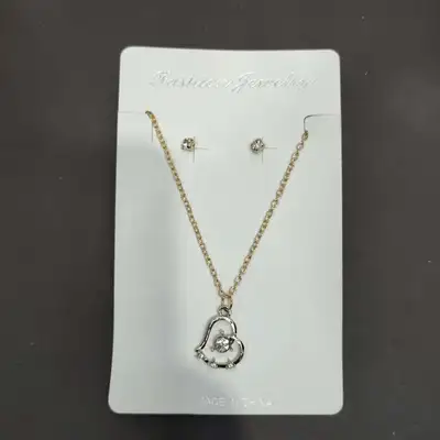 Ladylike Explosive Gold Alloy Love Diamond-Studded Necklace Jewel Stud Earrings Set Chain