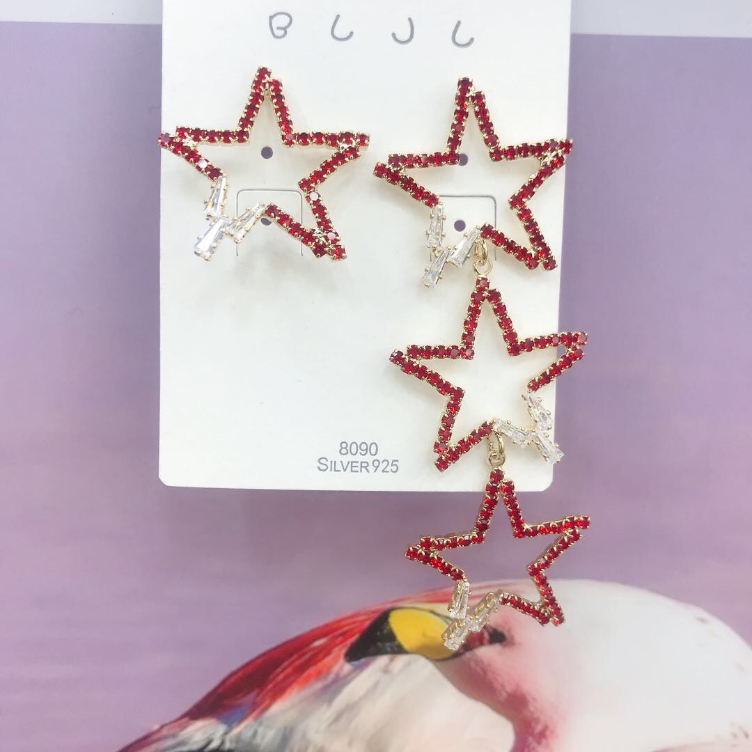 Trendy bestseller micro-set colored diamond earrings, long asymmetrical personalized and fashionable earrings, star earrings
