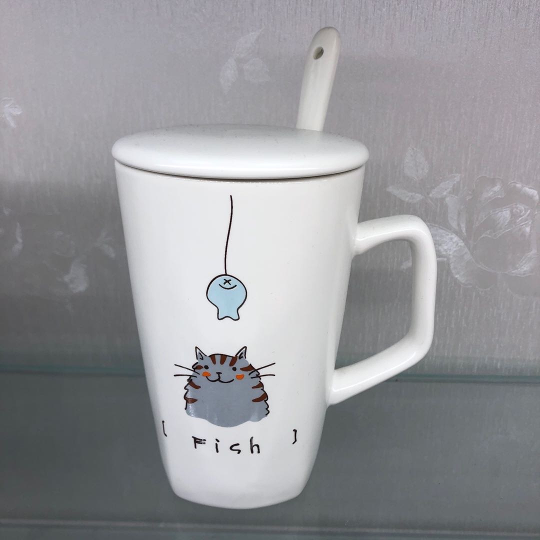 小猫吃鱼陶瓷杯水杯带勺咖啡杯牛奶杯礼品