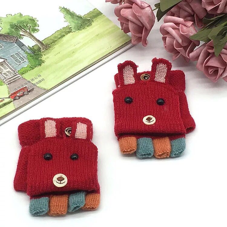 冬季新款卡通宝宝小兔翻盖针织手套 男女儿童小童半指包指两用手