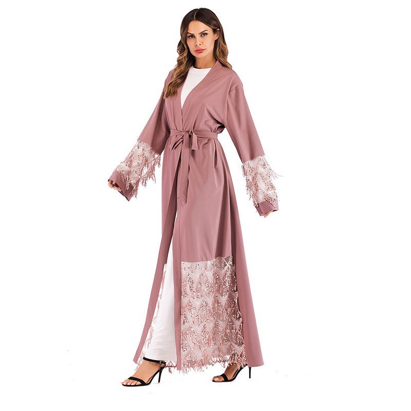 穆斯林中东阿拉伯长袍开衫印尼礼拜服回族开斋节粉色长裙产品图