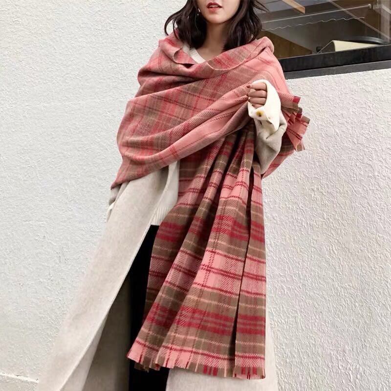 A versatile long winter thickened checkered wool shawl for warmth and a scarf
