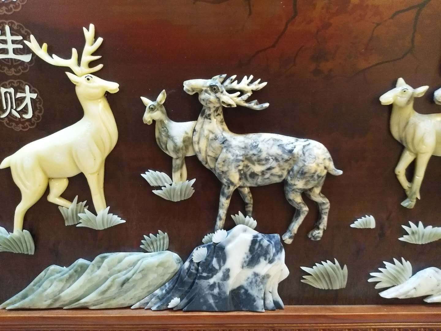 Feihong Art Carving 135X85cm Color Stone Jade Hand-Carved Deer Road Wealth Jade Painting Specification drawing