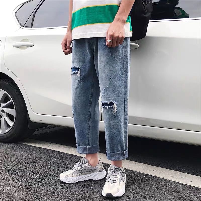 Autumn thin ripped nine minute pants Korean version of baggy jeans trend nine minute pants straight popular logo pants man