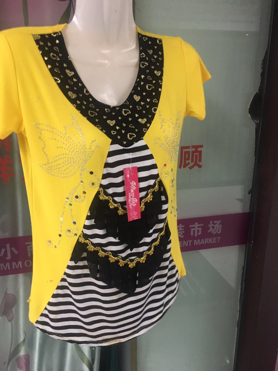 Foreign trade new fashion trend false two short-sleeved yellow cotton blouse thumbnail