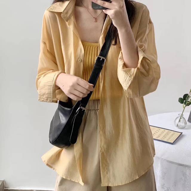 The simple solid-color tencel shirt bluepops Korean spring new style loose semi-transparent sun-protective shirt Specification image