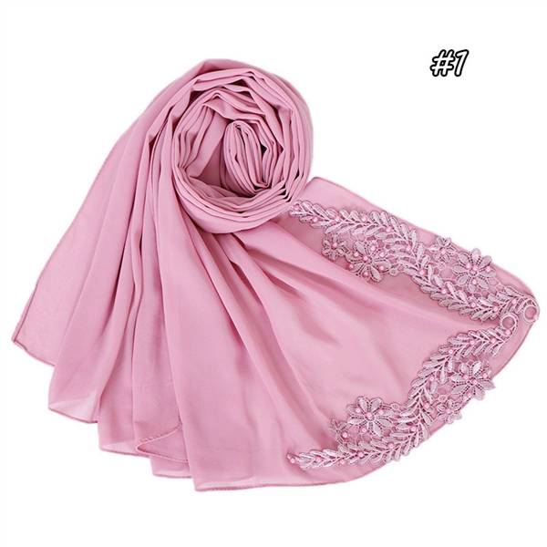 Upscale Chiffon Muslim Scarf Long Scarf Applique Lace Long Scarf details Picture
