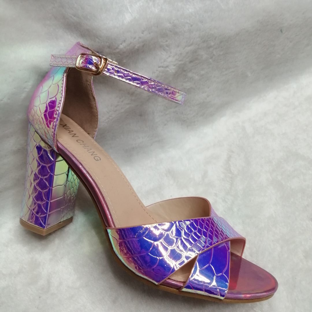 Cross pink and purple buckle sandal female super high heel thick with open toe sexy belt party versatile fish scale back high heel sandal