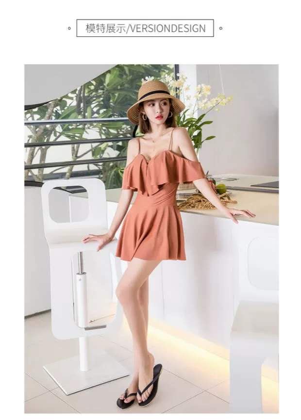 Swimsuit no. 19061, 2020, one-piece, flat strip, sexy lotus leaf, one-word shoulder, small chest, gathered together thumbnail