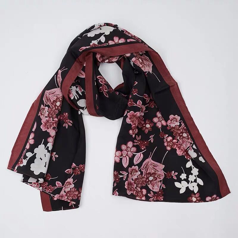 Women's Silk Scarf With Black Flowers Spring And Autumn Decoration Small Size Silk Scarf